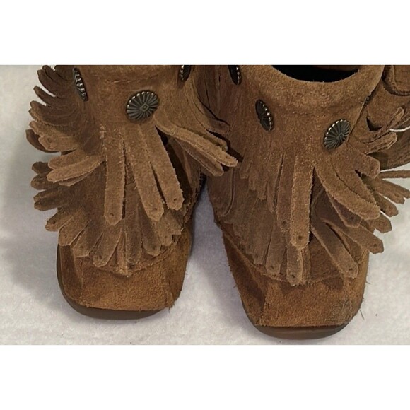 MINNETONKA Fringe Moccasins Boho Festival Brown Suede Boots Woman’s Size 7.5 US - Picture 4 of 13